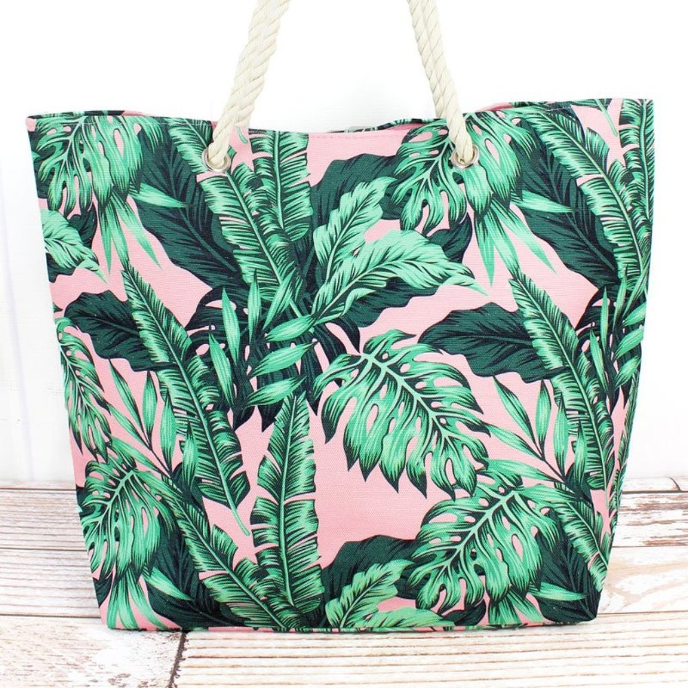 Pink Palm Paradise Rope Handle Beach Tote - Picture 1 of 2